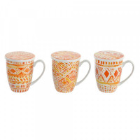 Cup with Tea Filter DKD Home Decor Orange Stainless steel Porcelain (380 ml) (3 pcs)