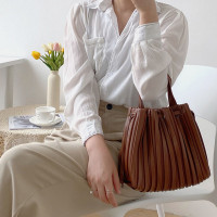 Women PU Leather Drawstring Stripe Crossbody Bag Shoulder Bag Handbag Ruched Bag