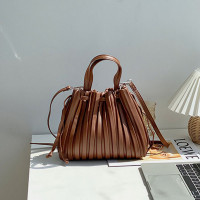 Women PU Leather Drawstring Stripe Crossbody Bag Shoulder Bag Handbag Ruched Bag