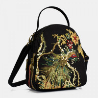 Women Canvas Ethnic Style Embroidery Peacock Pattern Sequin Mini Multi-carry Handbag Crossbody Bag