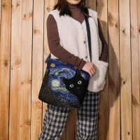 Women Felt Cute Casual Cartoon Cat Pattern With Starry Night Galaxy Paintings Crossbody Bag Shoulder Bag
