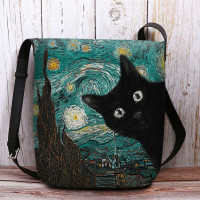 Women Felt Cute Casual Cartoon Cat Pattern With Starry Night Galaxy Paintings Crossbody Bag Shoulder Bag