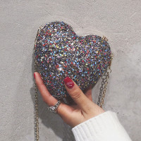 Women PU Leather Sequined Decoration Heart-Shaped Mini Chain Shoulder Bag Crossbody Bags
