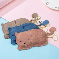 Women Genuine Leather Casual Cute Animal Nap Cat Pattern Mini Keychain Coin Bag Storage Bag