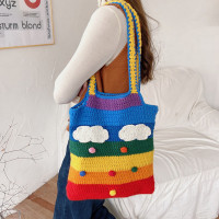 Women Rainbow Stripe Cartoon Cute Casual Youth Wool Knitted Bag Handbag Tote Crossbody Bag