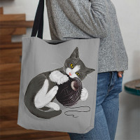 Women Felt Cute Cartoon Cat Playing Wool Ball Printing Pattern Casual Shoulder Bag Handbag Tote