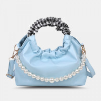 Women Pearls Chain Pleated Pocket Design Handbag Detachable Shoulder Strap Underarm Bag Shoulder Bag Crossbody Bag
