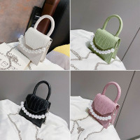 Women Pearls Chain Decor Flap Embossed Snake Pattern Mini Handbag Crossbody Bag Shoulder Bag