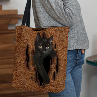 Women Felt Cute 3D Three-dimensional Cartoon Black Cat Pattern Shoulder Bag Handbag Tote