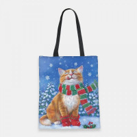 Women Canvas Festive Christmas Dressed Winter Cat Pattern Printing Handbag Shoulder Bag Tote