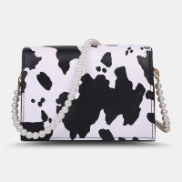 Women PU Leather Cows Pattern Pearl Chain Shoulder Bags Fashion Crossbody Bags