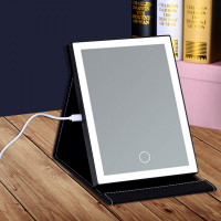Fold LED Touch Screen Makeup Table Mirror PU Leather USB Charge Cosmetic Mirror Lamp Luminous Tool 