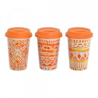 Mug DKD Home Decor Orange Silicone Porcelain (400 ml) (3 pcs)