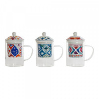 Cup with Tea Filter DKD Home Decor Mosaic White Crystal Porcelain (300 ml) (3 pcs)