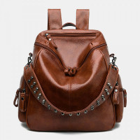 Women Vintage Multi-Pockets Wearable Breathable Backpack Exquisite Hardware Decor Detachable Shoulder Strap Shoulder Bag