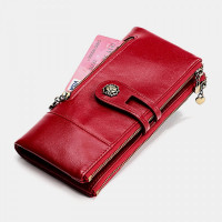 Women Genuine Leather Rfid Antimagnetic Multi-slots 14 Card Slots Zipper Bifold Long Wallet