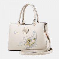 Women Vintage Chinese Style Gardenia Flower Embroidered Handbag Large Capacity Multi-pocket Multi-Carry PU Leahter Crossbody Bag