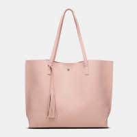 Women PU Leather Lychee Pattern Large Capacity Casual Tassel Solid Tote Shoulder Bag Handbag