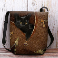 Women Felt Casual Cute 3D Cartoon Black Cat Printing Pattern Crossbody Bag Shoulder Bag
