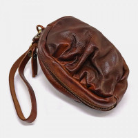 Women Vegetable Tanned Leather Fold Small Wallets Retro Zipper Clutch Bag Card Holder Coin Purse
