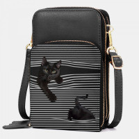 Women Faux Leather Casual Cute Black Cat and Stripes Pattern Adjustable Shoulder Bag Crossbody Bag