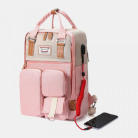 Women Nylon USB Charging Multi-pocket Large Capacity Backpack Casual Simple Waterproof 14 Inch Laptop Bag